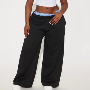 Pantalon de détente unisexe noir à jambe large avec taille contrastante en gingham, en maille décontractée, OEM, marque privée, pour hommes - Product Image 1