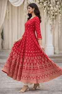 Abito Lungo <span class=keywords><strong>Stile</strong></span> Anarkali Rosso per <span class=keywords><strong>Donna</strong></span>, Kurti <span class=keywords><strong>Etnico</strong></span> con Stampa Tradizionale Dorata, Abbigliamento Indiano per Matrimoni e Feste, Modello Svasato a Tutta Lunghezza - Product Image 3