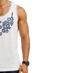 <b>White</b> <b>Men</b> Sleeveless Tank Top With Floral Embroidery Design Summer Casual <b>Vest</b> Gym Fitness Muscle Shirt Cotton Beach Wear - Product Image 4