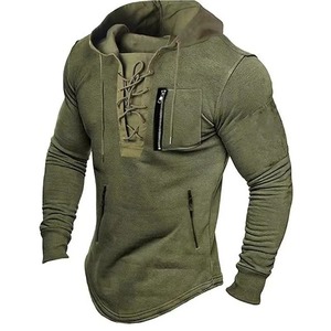 Sweat à capuche mi-long pour homme, style streetwear, avec lacets, cordon de serrage, couleur unie, manches longues, poches zippées, 100% coton, hiver - Product Image 2