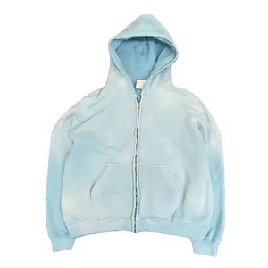 Sudadera con capucha y cremallera completa para hombre, estilo oversize con hombros caídos, lavado ácido personalizado, beige y negro, estilo vintage, streetwear - Product Image 4