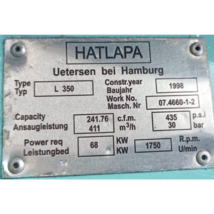 Compresor de Aire Marino HATLAPA L350 de Alta Presión, 68 kW, 411 M/h, para Sistemas de Arranque de Motores de Barcos - Product Image 6
