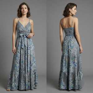 Robe longue décontractée pour femme, style bohème, imprimé floral, en mélange de soie et viscose, col en V, bretelles spaghetti, coupe trapèze ample, taille élastique - Product Image 2