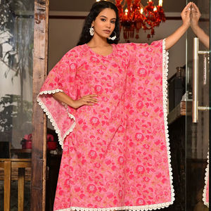 Caftán de Algodón con Estampado Floral Rosa para Mujer, Vestido Midi Holgado para Vacaciones - Product Image 1