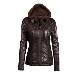 Blouson en similicuir PU pour femme grande taille 7XL, à capuche, style motard, avec capuche amovible, décontracté, style punk, réversible, matelassé, hiver - Product Image 4