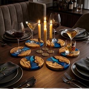 Posavasos de madera de mango con resina epoxi de diseño único y alta calidad, hecho a mano en India, con soporte. - Product Image 6