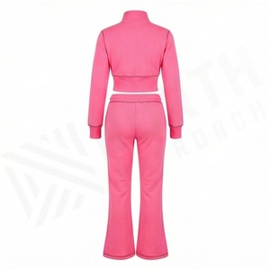 Women <b>Pink</b> Full Sleeve Tracksuit Set Solid Color Zipper Front Casual Jogger Pants and <b>Crop</b> Jacket Spring Wear - Product Image 2