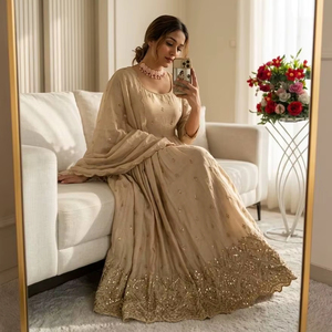 ชุดเดรสผ้าไหมชินอนพรีเมียม ปักลายเลื่อม ประดับกระจก แขนยาว ซับในผ้าฝ้ายไมโคร ขนาด 52 54 นิ้ว กางเกงขายาวผ้ายืด ผ้าคลุมไหล่ชินอน - Product Image 1