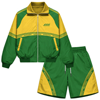 Ensemble de survêtement sportif vert et jaune uni pour homme, col montant, veste zippée, short respirant en satin de polyester, collection printemps