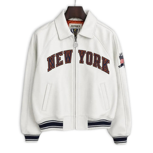 Veste bomber varsity en cuir crème de style New York Basketball |   Veste universitaire unisexe en cuir souple Cowsoft, style sportif et volume élevé - Product Image 5