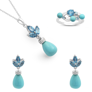 Fine Jewelry <b>Set</b> Custom 925 Sterling <b>Silver</b> Natural Blue Topaz Faceted & Turquoise Gemstone <b>Ring</b> Earring & Necklace Fine Jewelry - Product Image 1