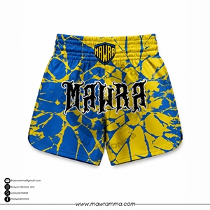 Shorts de Muay Thai MAWRA bleu électrique et jaune, imprimé verre brisé, sublimation personnalisée professionnelle pour le kickboxing et le MMA, 100% sublimation sur le devant - Product Image 3