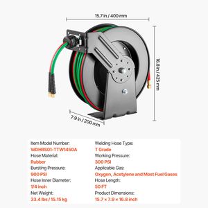 Avvolgitubo Retrattile per Saldatura Ossigeno/Acetilene da 1/4 di Pollice x 50 Piedi, Grado T, Montaggio a Soffitto/Parete, Resistente, Max 300 PSI per Torce - Product Image 3