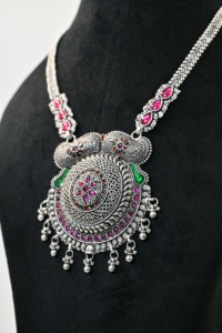 Luxury <b>Oxidized</b> Silver Rani Haar Necklace Women Traditional Indian Ethnic Long Natural Stone Antique Statement Engagement Gift - Product Image 2