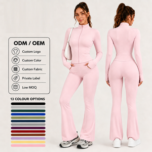 Women 2 Piece Yoga Set Long Sleeve Zip Jacket <b>Flare</b> Pants High Waist Butt Lifting Workout Gym Activewear Tracksuit Custom Logo - Product Image 1