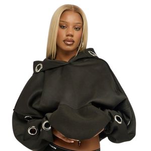 Sweat à capuche personnalisé vintage en polaire polyester/coton épais, grande taille, avec clous métalliques sur le devant, coupe décontractée, effet délavé, pour femme, avec œillets métalliques - Product Image 6