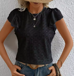 Camiseta de punto con hombros descubiertos y manga corta para mujer, estilo nuevo de verano, corte ajustado, simple y único, que realza la figura. - Product Image 3