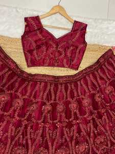 Luxury <b>Wine</b> Red Bridal Lehenga Choli with Heavy Sequins Embroidery Work | Designer Wedding Reception Lehenga for Women - Product Image 5