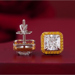 4.17 CT Yellow <b>Cushion</b> Lab Grown Diamond Earrings 14K Two-Tone White Gold Halo Stud Trendy Wedding Jewelry VVS1 Clarity Gold - Product Image 2