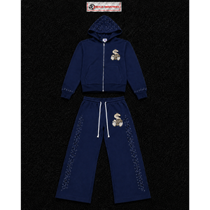 Conjunto Deportivo Azul Marino Personalizado para Hombre, Sudadera con Cremallera Completa, Pantalones Deportivos de Pierna Ancha, Logotipo Gráfico, Ropa Deportiva Casual, Estilo Urbano, Venta al Por Mayor - Product Image 5