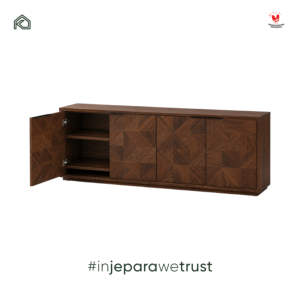 Buffet moderne en bois de noyer brun avec portes à marqueterie géométrique, meuble de rangement de luxe pour salle à manger, credenza - Product Image 3