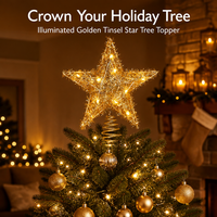 Décor de sommet d'arbre de Noël en fer en forme d'étoile pentagonale avec guirlande dorée, lumières LED chaudes et base à ressort robuste 12x15cm pour la décoration des fêtes