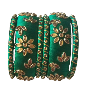 Wholesale Handmade <b>Silk</b> <b>Thread</b> <b>Bangles</b> <b>Set</b> Green Color with Gold Stone Work Traditional Indian Bridal Jewelry - Product Image 3