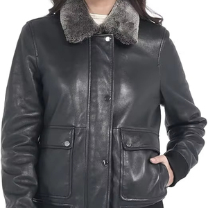 Veste bomber en peau de mouton véritable pour femme avec col en fourrure, coupe-vent, manteau d'hiver, manches longues, longueur normale, couleur unie - Product Image 1