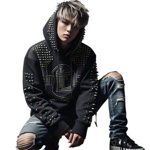 Sweats à capuche pour hommes avec coutures inversées et clous zippés personnalisés Gemstone Sun Faded Diamond Rhinestone Distressed Acid Wash sweats à capuche pour hommes - Product Image 1