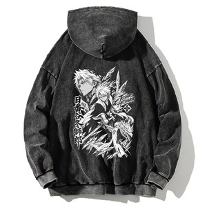 Sweat à capuche oversize noir délavé à l'acide avec logo personnalisé imprimé, manches longues, poche kangourou, style streetwear décontracté - Product Image 3