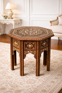 Table de chevet hexagonale artisanale en os incrusté, style ferme traditionnel, avec motif floral, pour mobilier de chambre - Product Image 2