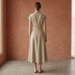 Elegante Vestido Midi A-Line Beige de Algodón y Lino con Paneles para Mujer, con Tela Ligera, Estilo Moderno y Ajuste Cómodo - Product Image 4