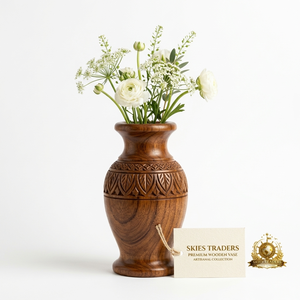 Vase à fleurs en bois sculpté à la main, pot artisanal en noyer massif, support floral pour ranunculus blancs, centre de table, vente en gros - Product Image 1