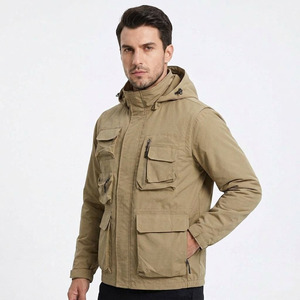 Men's Hooded Safari <b>Jacket</b> <b>With</b> Mesh Face Guard Windproof Workwear Style Beige Polyester <b>Zipper</b> Closure Multiple <b>Pockets</b> - Product Image 1