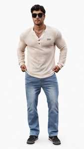 Oneten Apparel <b>Men's</b> Beige Long Sleeve V-neck <b>Henley</b> <b>Shirt</b> Breathable Casual Polyester Spandex Waffle Knit Front Logo Top - Product Image 6