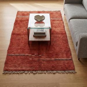 Alfombra de Lana Anudada a Mano de Primera Calidad, Inspirada en el Estilo Marroquí, Color Rojo Óxido, Diseño Tribal Minimalista con Rayas, Alfombra Decorativa - Product Image 2