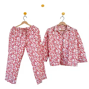 Conjunto de Pijama de Algodón 100% con Estampado Floral Otoñal de Lujo para Mujer, Manga Larga, Cuello Camisero, Suave, Ropa de Dormir Larga, Ropa Casual - Product Image 1