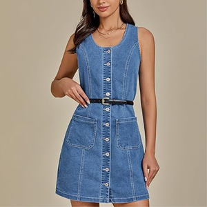 Robe en jean extensible décontractée pour femme, été 2025, silhouette droite sexy, délavage foncé, courte, sans manches, avec poche plaquée - Product Image 5