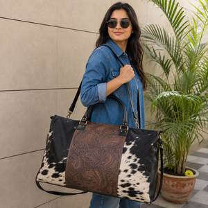 Sacs de voyage en cuir de vachette véritable sculpté à la main, sacs faits à la main, sac de voyage unisexe, grande taille, sac à main en cuir à poils, multi-usages - Product Image 3