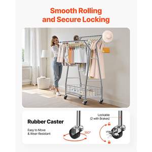 Porte-vêtements sur roulettes, porte-vêtements à 2 barres de suspension, panier de rangement, capacité de charge de 330 livres, séchoirs à linge extensibles en carbone - Product Image 6