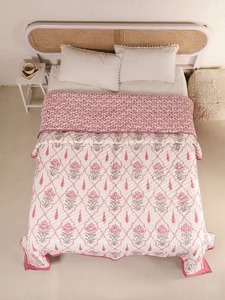 Bohemian Printed <b>Quilt</b> Pink Floral Pattern Hand Stitched Cotton All Season <b>Bedding</b> Set - Product Image 5