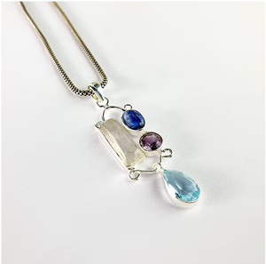 Mixed Gemstone Set 925 <b>Sterling</b> <b>Silver</b> Geometric Vertical Pendant Handmade <b>Wire</b> Scrollwork Jewelry Best For Gift - Product Image 2