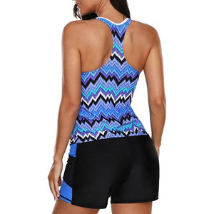 Women Geometric Print Tankini Swimwear <b>Set</b> With Tummy Control Shorts Spandex Polyester Deep V Neck Contrast Binding - Product Image 2