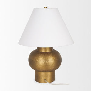 Lámpara de Mesa Moderna de Metal Dorado Martillado con Acabado Antiguo y Pantalla de Tela Blanca, Elegante Lámpara de Escritorio para Decoración de Interiores del Hogar - Product Image 1