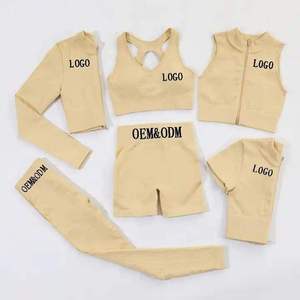 Custom Seamless Ribbed 100% Polyester Yoga Set-High Waist Gym Shorts Leggings 5-Piece Workout Outfit <b>Zip</b>-Up Crop Top Sports Bra - Product Image 5