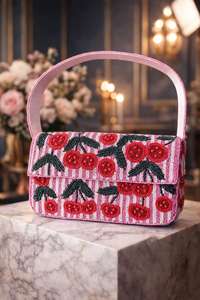 Handmade Embroidered Rectangular Handbag With <b>Cherry</b> Pattern Pink Striped Cotton Textile Craft - Product Image 5