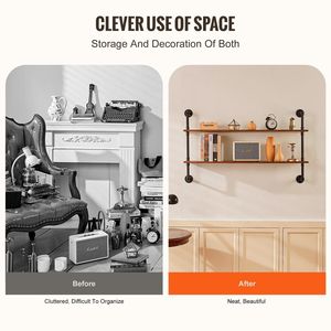 Mensola Industriale a 2 Livelli 48x9,84 Pollici in Legno Rustico con Tubi, Scaffale Galleggiante da Parete, Espositore con Staffe, Soluzione di Stoccaggio Sundr - Product Image 5