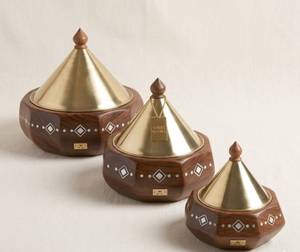 Ramadan Collection New Wooden Casserole Set Stainless Steel Cover Enamel Coated Golden Finished Eco-Friendly Durable Modern - Product Image 1