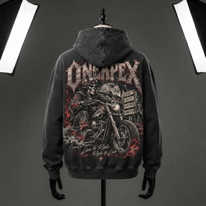 Sudadera con Capucha Negra para Hombre, Estampado de Calavera de Motero, Lavado Ácido, Oversize, Estilo Urbano, ONEAPEX, Venta al por Mayor Personalizada - Product Image 2
