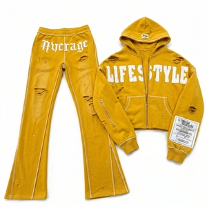 Survêtement Premium Streetwear pour Homme, Coupe Boxy, Effet Usé, Broderie, Appliqué, Délavé à l'Acide, Zippé, Strass - Product Image 1